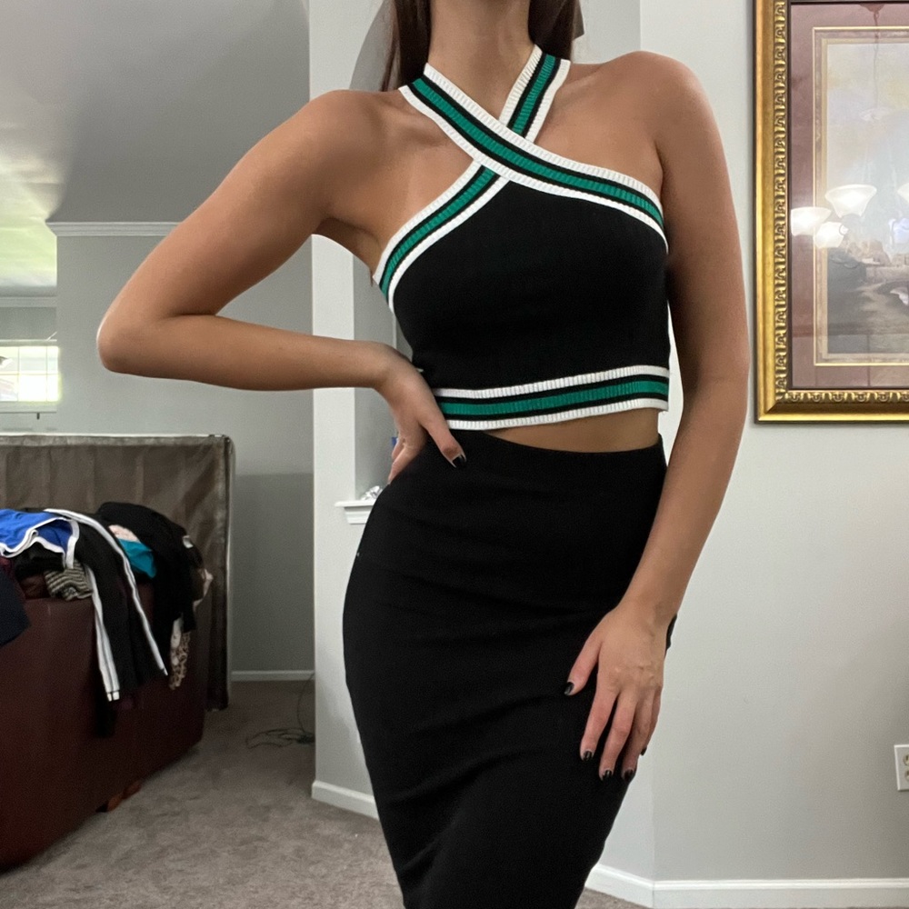 Black, Green, & White Cross Neck Sweater Material Halter Crop Top
